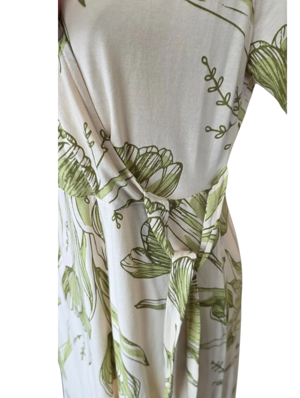 Organic Cotton Faux Wrap Dress Womens Size L Green Floral Midi Short Sleeve - Picture 6 of 9